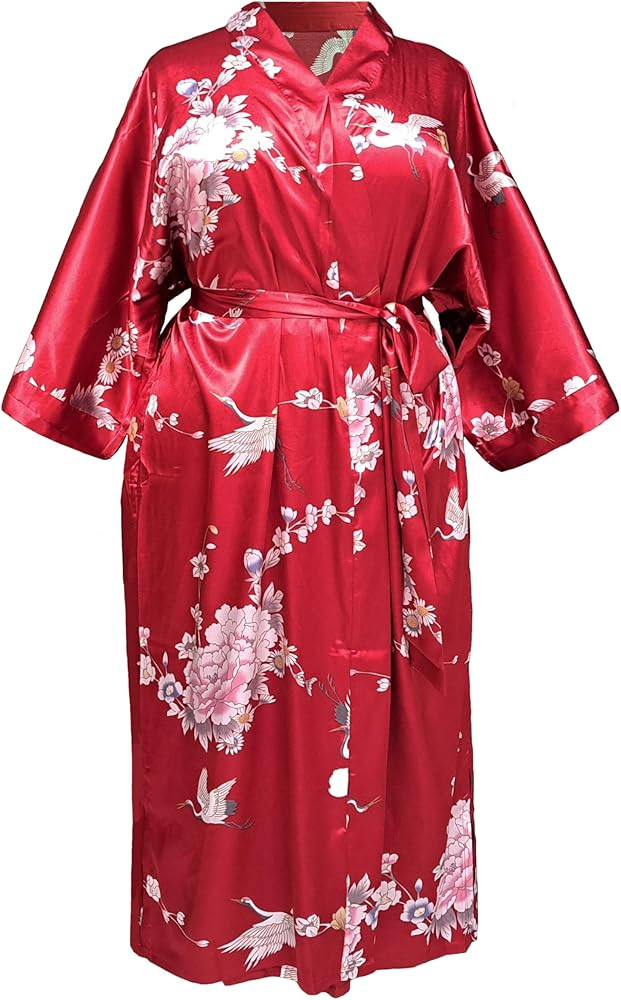 RED DOT BOUTIQUE 696 Plus Size Women's Smooth Satin Silky 3/4 Sleeves Kimono Long Robe Crane Flor... | Amazon (US)