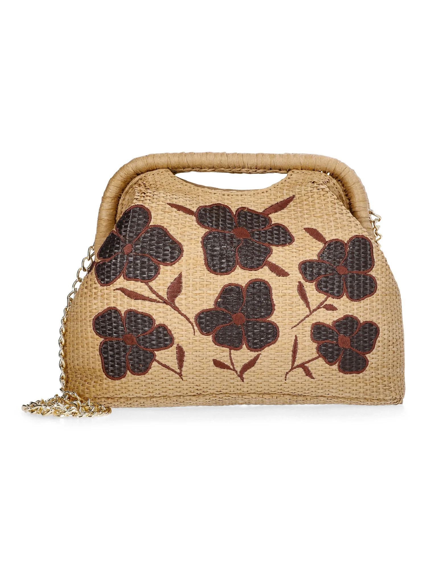 Time and Tru Women's Embroidered Straw Frame Clutch Handbag, Natural | Walmart (US)