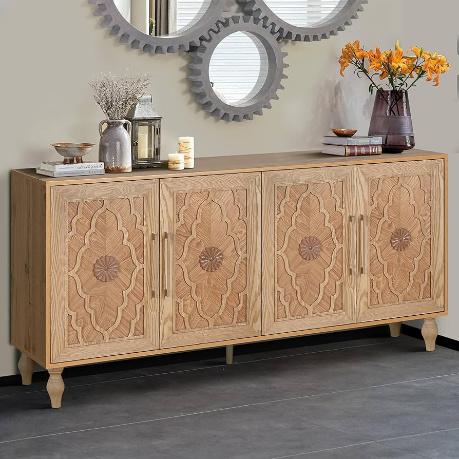 LUMISOL Sideboard Buffet Cabinet, Accent Storage Cabinet with 4 Carved Flower Doors and Metal Han... | Amazon (US)