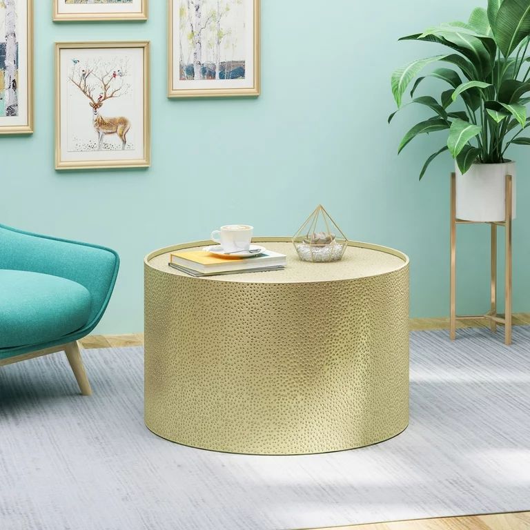 Noble House Corey Modern Hammered Iron Round Coffee Table, Gold | Walmart (US)