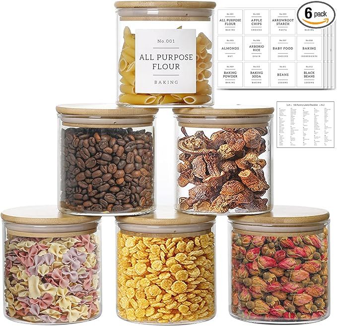 20 OZ Glass Food Storage Jars with 132 Pantry Labels Preprinted - 6 Pcs Thicken Glass Storage Con... | Amazon (US)