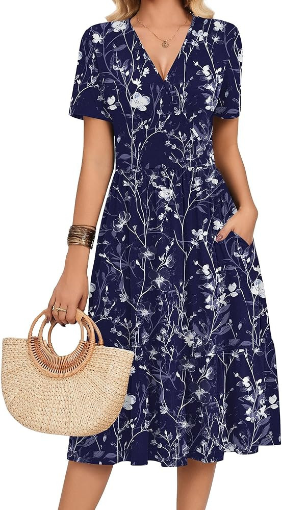 Zeagoo Womens Summer Warp V-Neck Casual Dresses Short Sleeve Midi Floral Dress with Pockets Tiere... | Amazon (US)