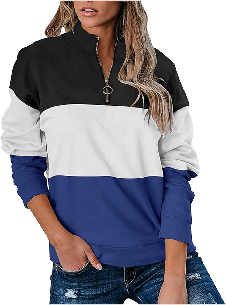 iQKA Quarter Zip Pullover Women Long Sleeve Zipper V Neck Color Block Sweatshirt Casual Fall Tops Going Out Streetwear | Amazon (US)