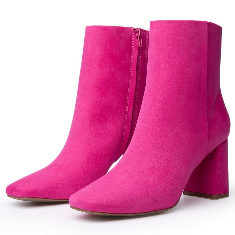 JORYA Women's Square Toe Chunky Heels Side Zipper Pink Ankle Boots | Walmart (US)