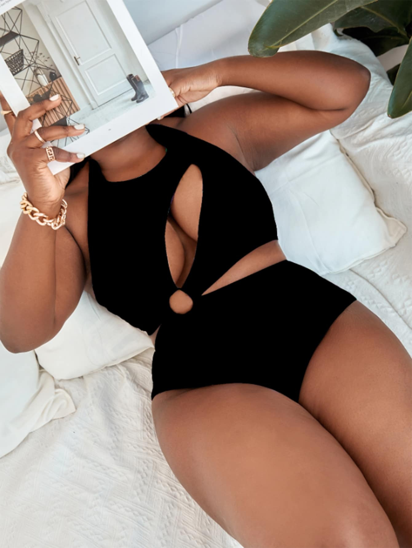 Plus Cut Out Tie Back One Piece Swimsuit | SHEIN