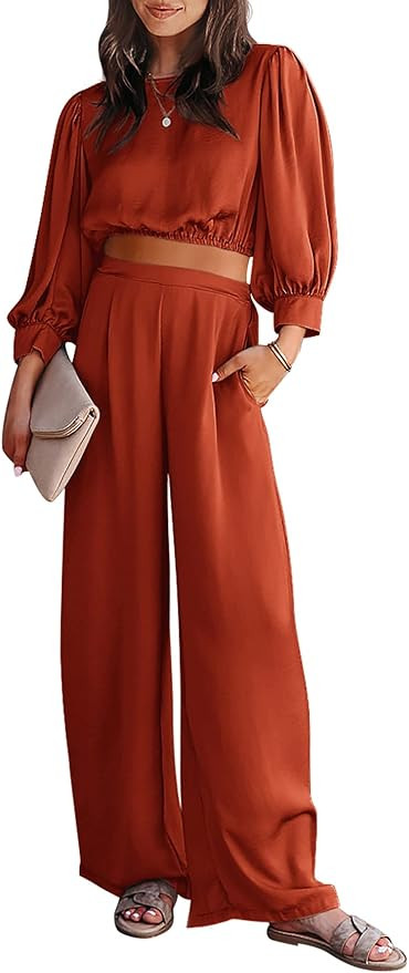 PRETTYGARDEN Women's 2 Piece Satin Outfits Casual Puff Sleeve Crop Tops and Long Palazzo Pants | Amazon (US)
