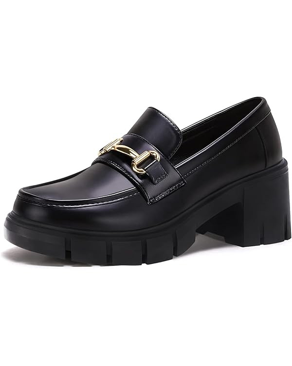 Coutgo Womens Chunky Platform Lug Sole Loafers Mid Heel Square Toe Dress Walking Work Shoes with ... | Amazon (US)