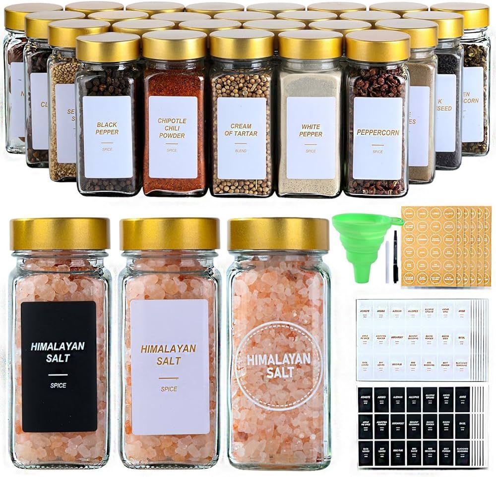 JARXSUN Glass Spice Jars with Label, 24Pcs Spice Jars with Shaker Lids-4 oz Gold Spice Seasoning ... | Amazon (US)
