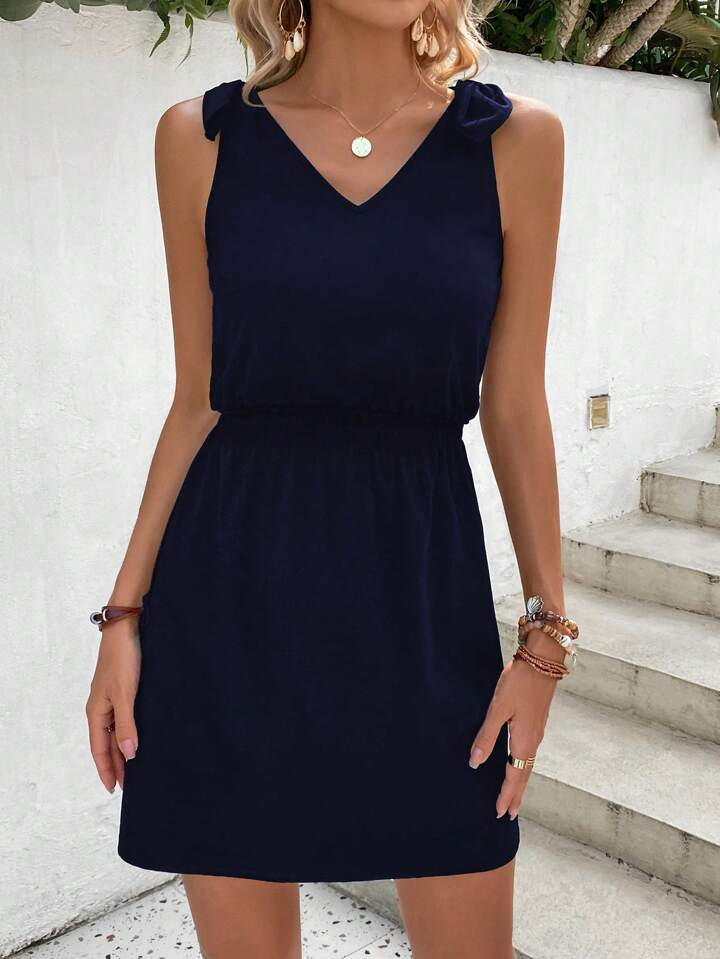 SHEIN LUNE Solid Knot Shoulder Dress | SHEIN