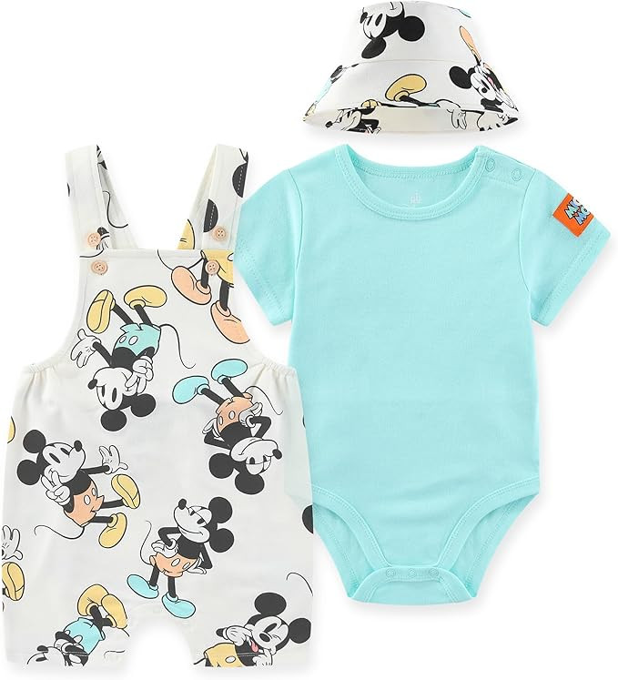 Disney Mickey Mouse Baby Boys French Terry Shortall Overalls T-Shirt and Hat 3-Piece Set for Infa... | Amazon (US)