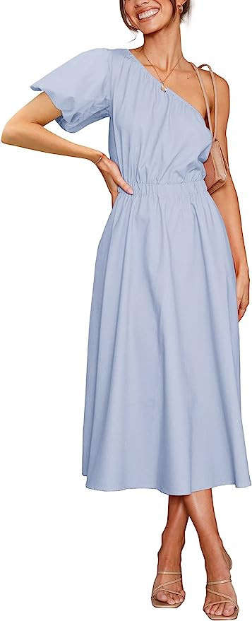 Zwurew Women's Boho Summer One Shoulder Puff Short Sleeve Side Split High Waist Swing Midi Dress | Amazon (US)