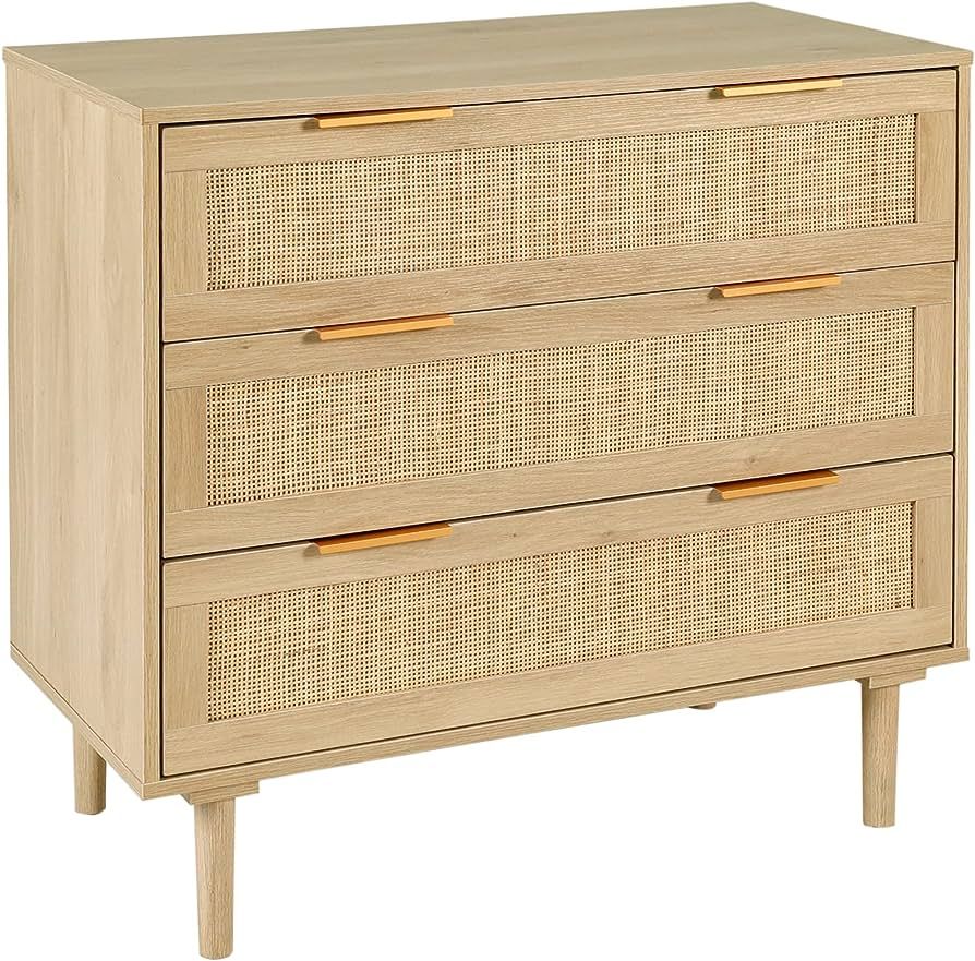 HOPUBUY 3 Drawer Dresser for Bedroom, Rattan Modern Closet Dressers Chest of Drawers, Wood Oak St... | Amazon (US)