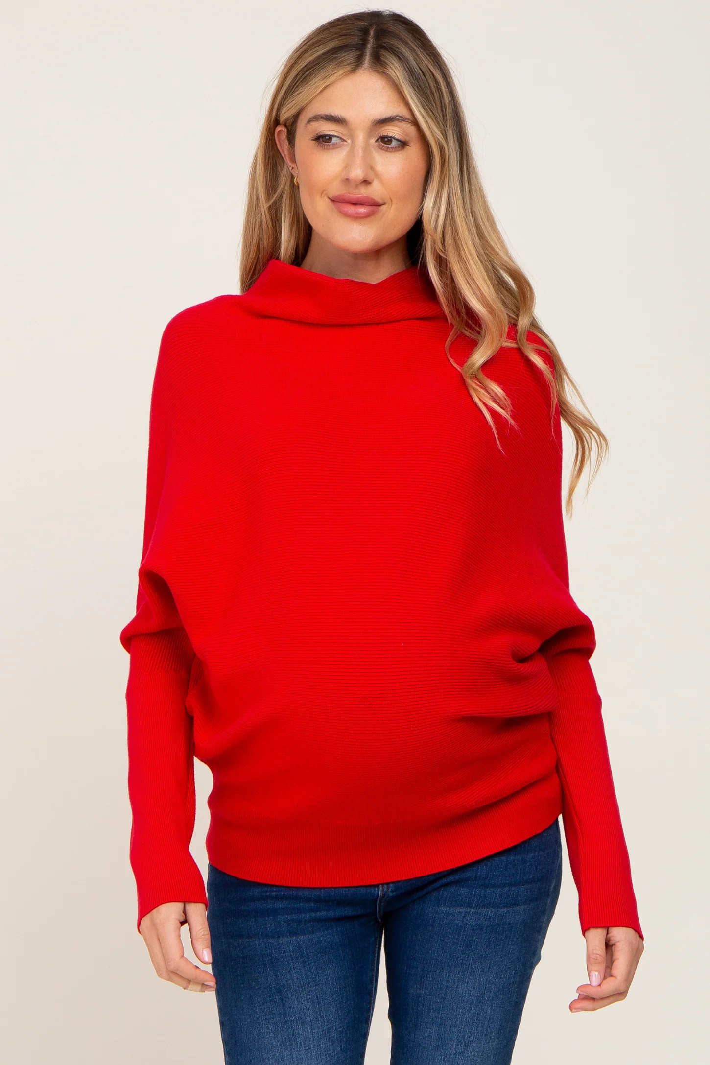 Red Funnel Neck Dolman Sleeve Maternity Sweater | PinkBlush Maternity