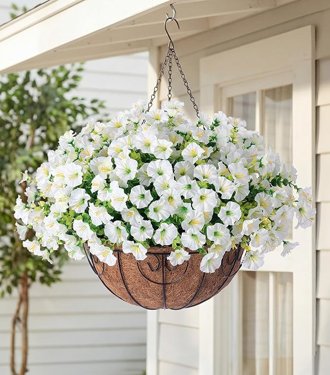 Artificial Fake Hanging Flowers Plants Baskets Spring Outdoor Decor, Outdoor Faux Silk White Morn... | Amazon (US)