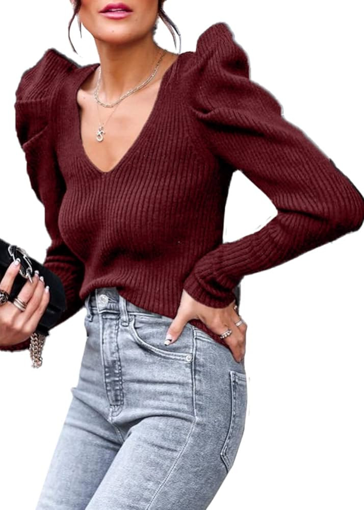 PRETTYGARDEN Women's Rib Knit Pullover Sweater Casual Long Puff Sleeve V Neck Solid Color Jumper ... | Amazon (US)