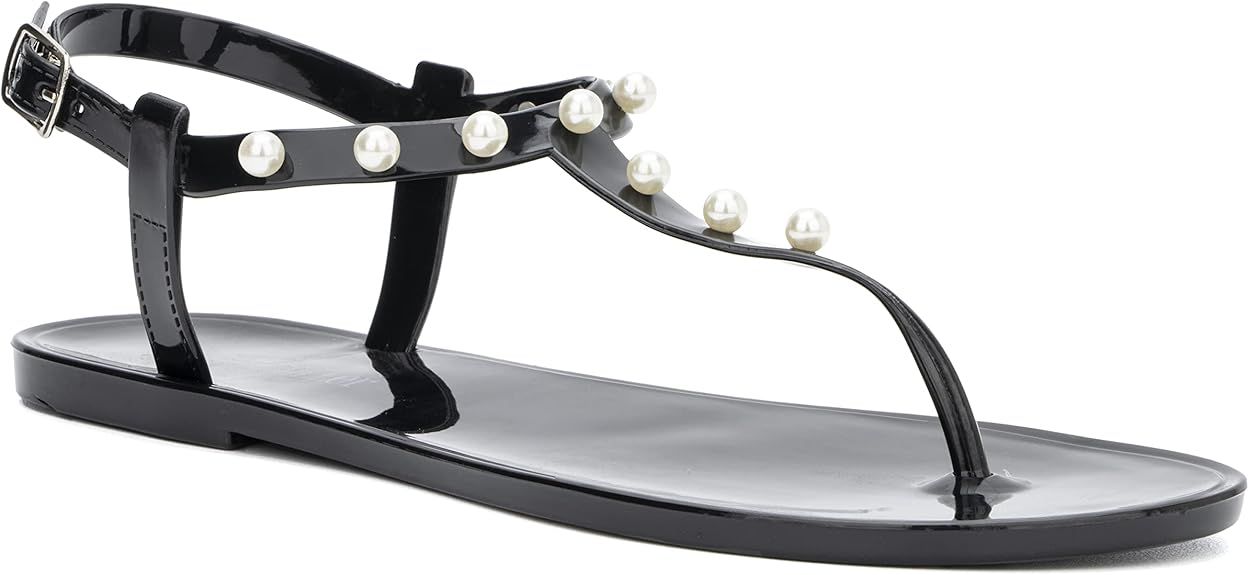 Olivia Miller Women’s Fashion Ladies Shoes, PVC Jelly w Pearls & Adjustable Thong T Strap Slip ... | Amazon (US)
