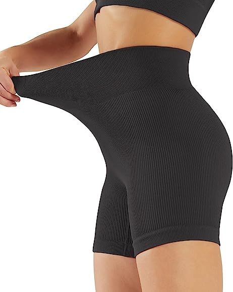 PINKSAVIOR Women's Yoga Shorts Ribbed Seamless Workout High Waist Athletic Gym Shorts Women | Amazon (US)