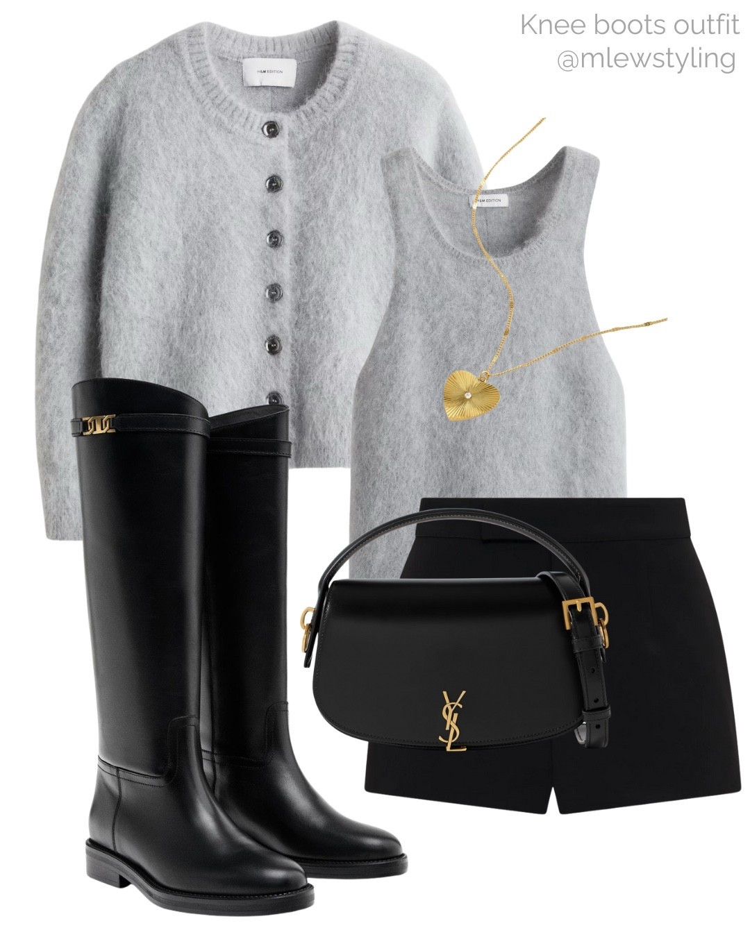 Fall outfit with a grey mohair cardigan, black riding boots, and black shorts 🩶

Tags: mohair blend tank top, massimo dutti boots, meshki shorts, ysl handbag, madewell gold heart necklace, elevated fall outfit, autumn fashion 

#LTKItBag #LTKShoeCrush #LTKStyleTip
