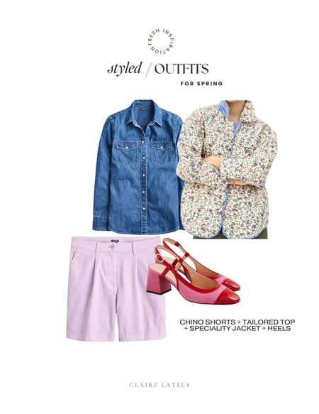 Styled outfit idea from the Spring Closet checklist - chino shorts, tailored top, quilted jacket, heels. 

Download the free guide over on CLAIRELATELY.com 👉🏼

#LTKstyletip #LTKsalealert #LTKSeasonal