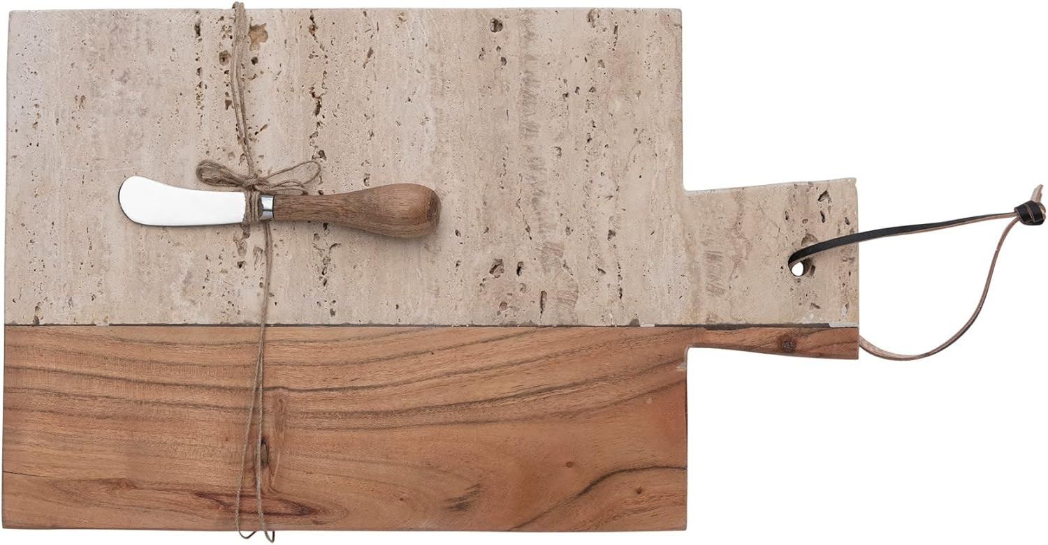 Creative Co-Op Stone and Acacia Wood Charcuterie Leather Tie and Canapé Knife, Natural Cheese/Cu... | Amazon (US)