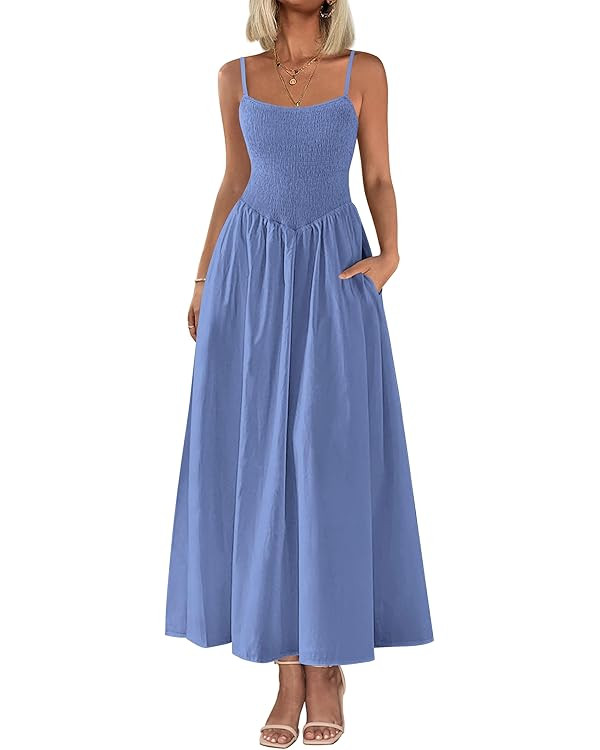 PRETTYGARDEN Women's Smocked Maxi Dresses 2025 Summer Beach Sundress Casual Spaghetti Strap Swing... | Amazon (US)