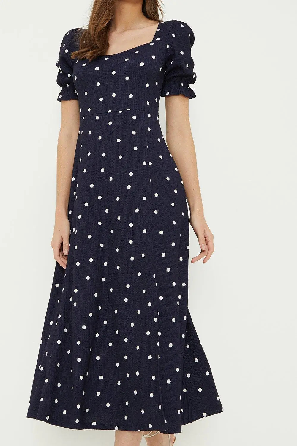 Dresses | Navy Spot Sweetheart Neckline Midi Dress | Dorothy Perkins | Debenhams UK