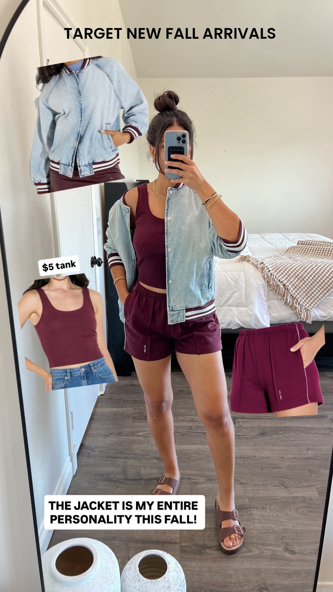 Target new fall arrivals! Medium in shorts, small in tank and denim varsity jacket! Preppy outfit idea! 

#LTKFindsUnder50 #LTKStyleTip #LTKU