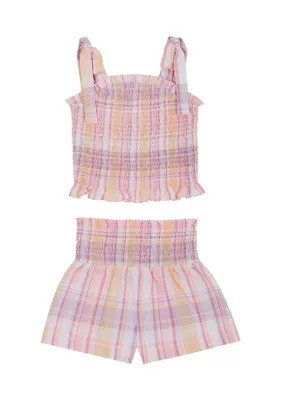 Rare Editions Girls 4-6x Plaid Smocked Bodice Top and Shorts Set | Belk