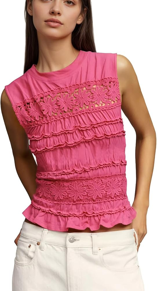 calbatic Women Lace Floral Embroidered Smocked Tank Top Ruffle Hem Hollow Out Crewneck Shirred Sh... | Amazon (US)