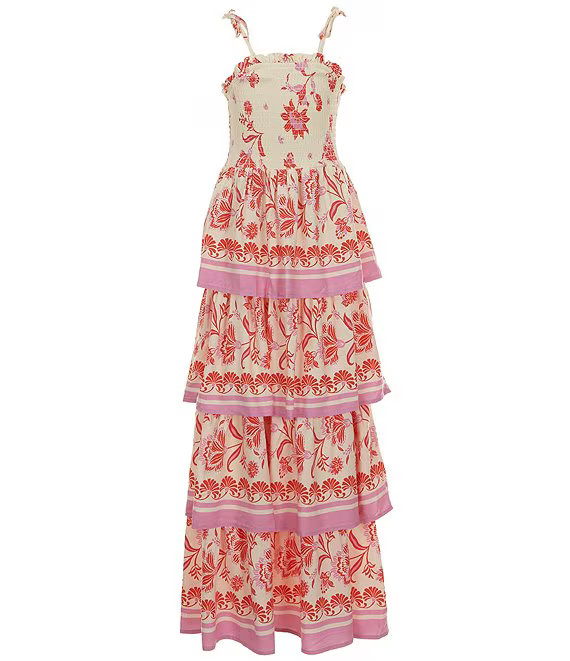 Big Girls 7-16 Tiered Smocked Bodice Mixed Floral Print Maxi Dress | Dillard's