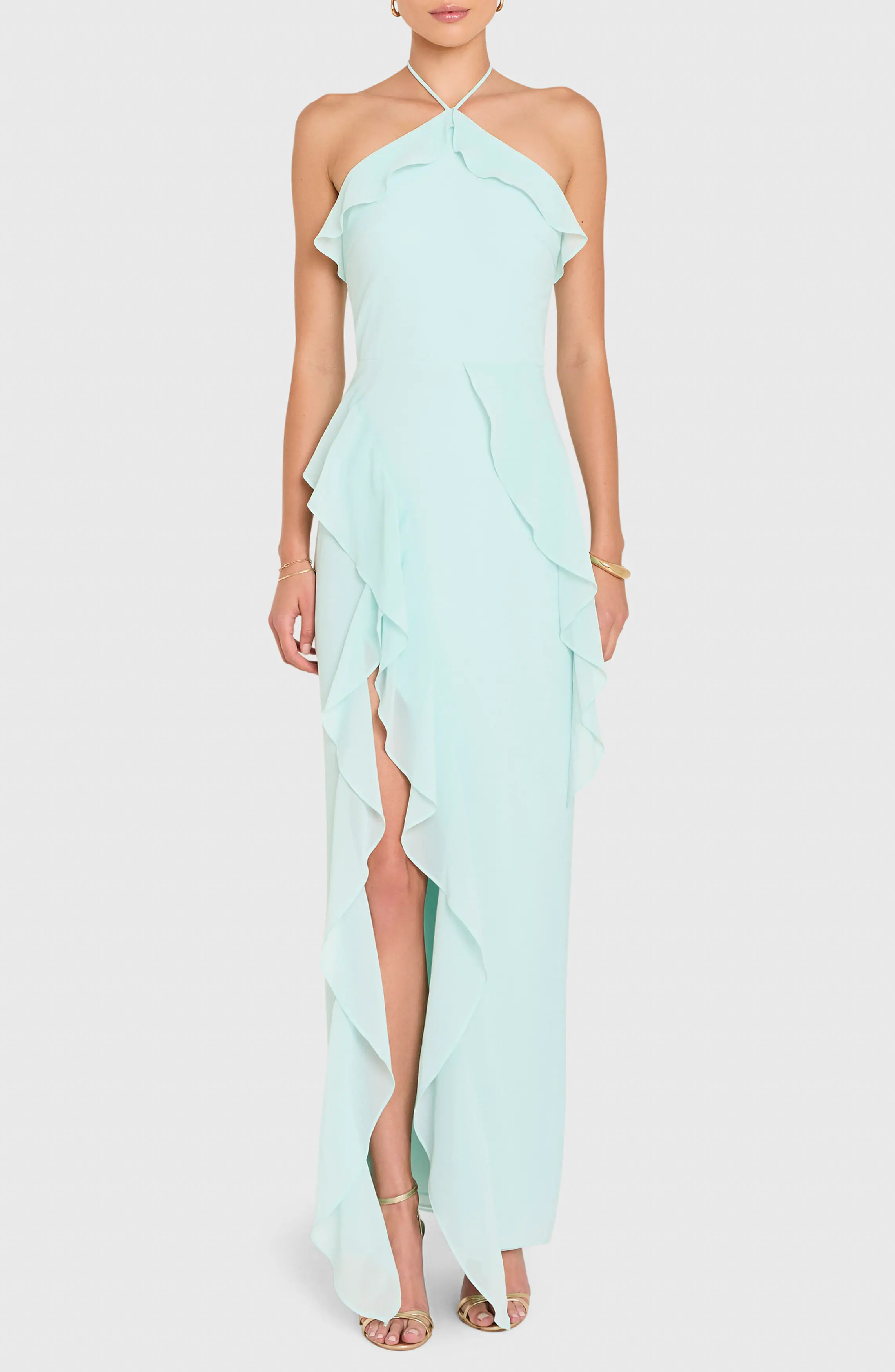 Amanda Uprichard Alessandra Halter Neck Ruffle Trim Gown (Women) | Nordstrom | Nordstrom