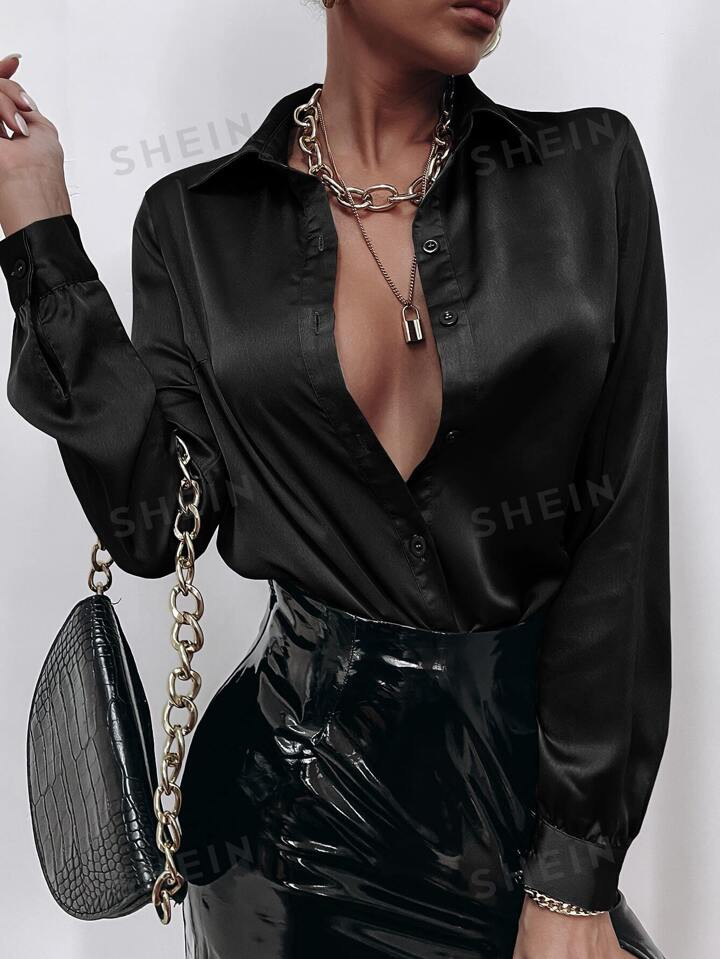 SHEIN BAE Satin Solid Button Front Shirt | SHEIN