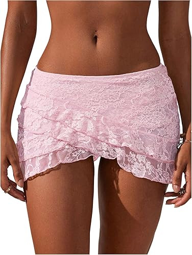 WDIRARA Women's Lace Layered Ruffle Cover Up Skirt Low Rise Mini Beach Skirt Coverups | Amazon (US)