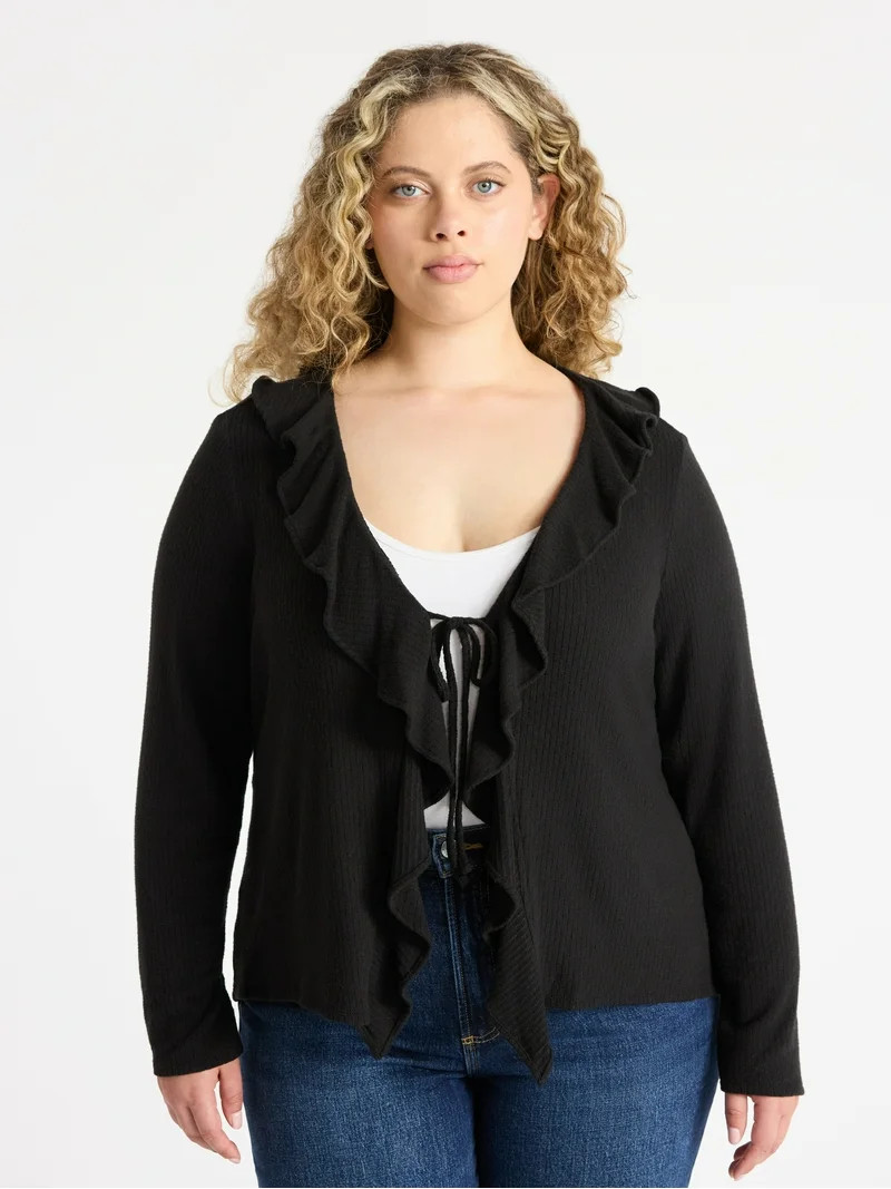 Terra & Sky Women’s Plus Tie Front Ruffle Cardigan Sweater, Sizes 0X-4X - Walmart.com | Walmart (US)