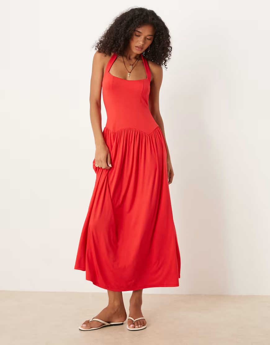 ASOS DESIGN halter dropped waist midi dress in red | ASOS (Global)