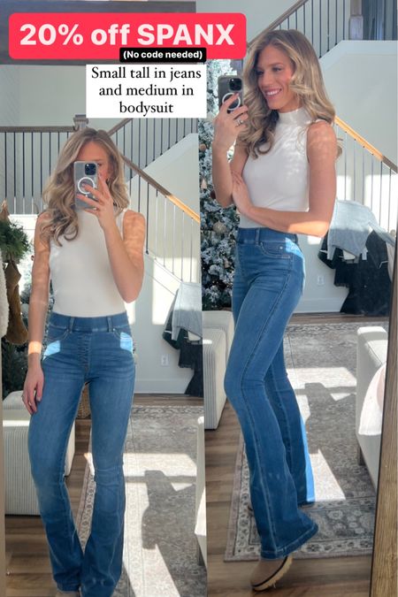 Medium in spanx bodysuit and small tall in jeans