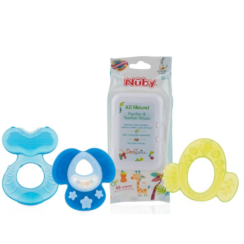 Nûby 3 Stage Teething System with 4pk Citroganix Teether Wipes - Boy | Target