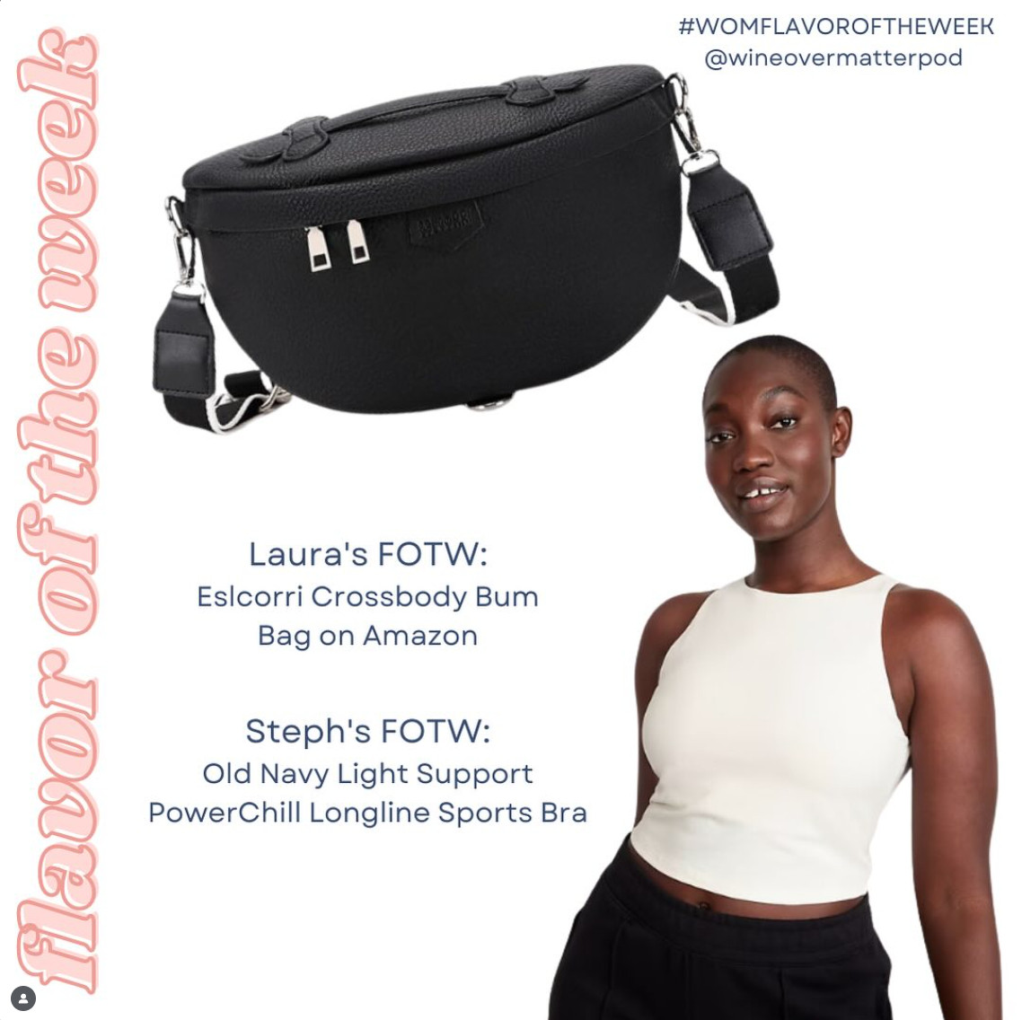 #WOMFlavoroftheWeek • This crossbody bum bag is the perfect bag for travel and keeping your items close. I got it for my 2 week France trip and it is surprisingly spacious and just sits on the body well. Steph's been wearing these sports bras for Pilates for ever and can't beat the price. 

 