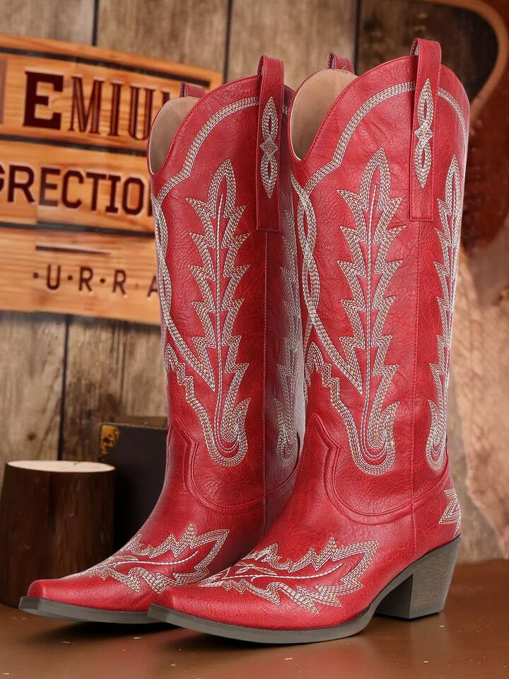 Women's Solid Color Stylish Boots, Pull On Embroidered Comfort Chunky Heel Boots, Point Toe Western Cowboy Boots For Women | SHEIN