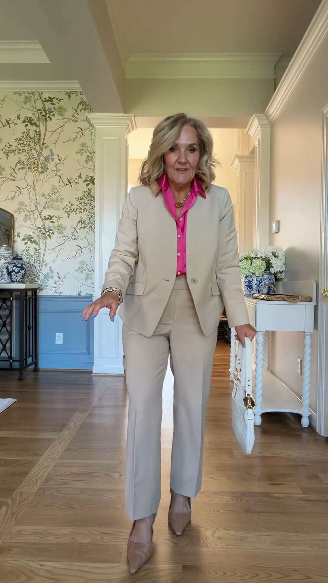This neutral suit is polished, comfortable, and incredibly versatile. Paired with a bright pink blouse, it instantly feels fresh, modern, and perfect for the office, business meetings, presentations, or special events. 🫶🏻 

 #LTKootd #LTKSeasonal #LTKSaleAlert