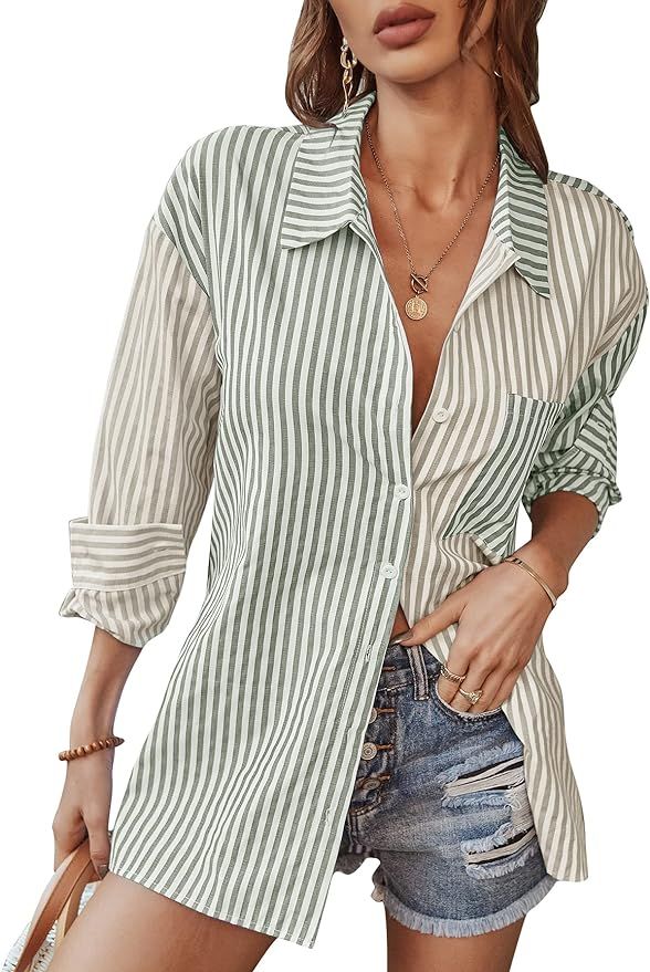 KAYWIDE Women's Vertical Stripes Button Down Shirts Casual Long Sleeves Lapel Collar Colorblock P... | Amazon (US)