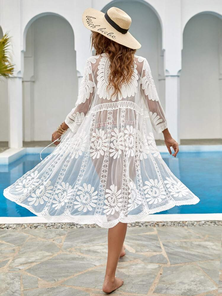 Solid Embroidery Mesh Kimono | SHEIN