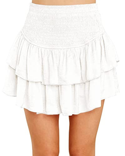 Women Cute Smocked Ruffle Skorts Skirts High Waisted Mini Skirt Casual Summer Tiered Boho Skirts White, L | Amazon (US)