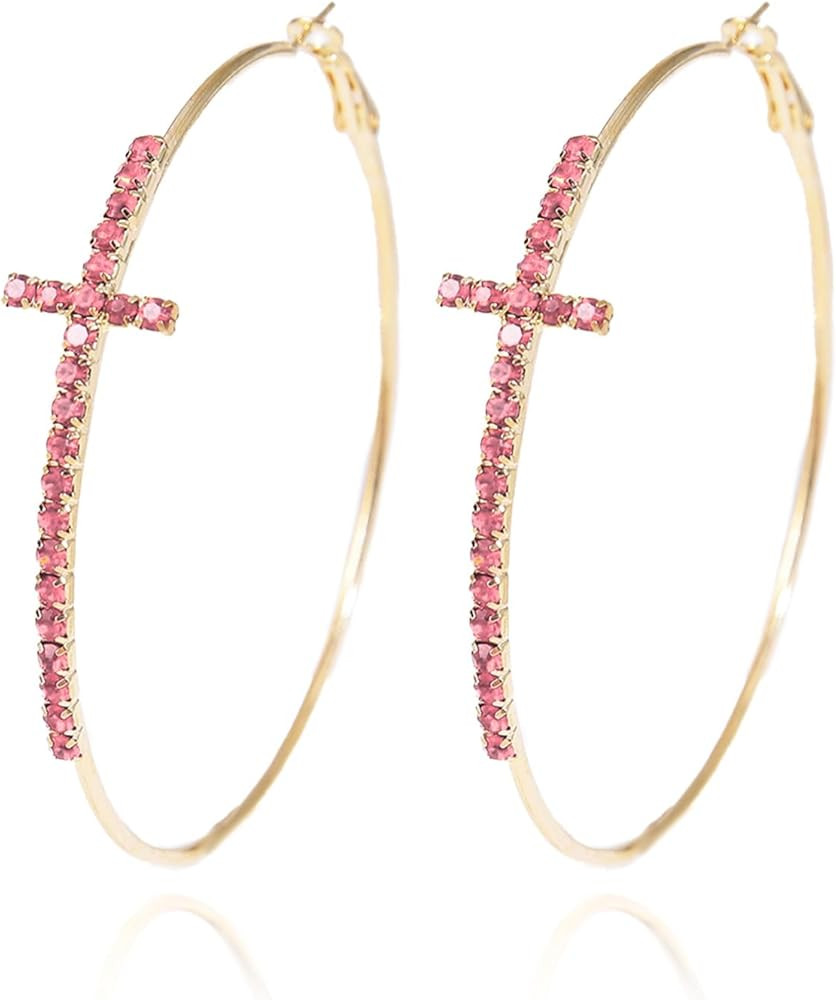 Big/Large Cross Hoop Earrings for Women Trendy 2025 Cross Earrings Rhinestone Sparkly Hoop Earing... | Amazon (US)