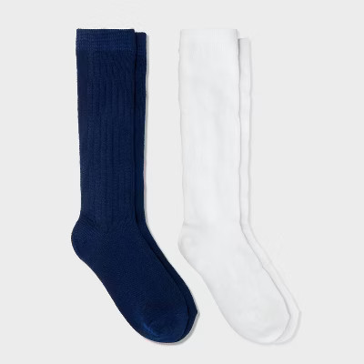 Girls' 2pk Knee High Socks - Cat & Jack™ Navy Blue/White S | Target