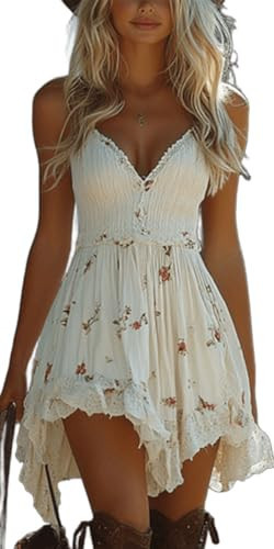 Spaghetti Strap Dresses for Women 2026 Summer Floral Mini Dress Cami Backless Deep V Neck High Low Sundresses Lace Vacation Short Dress Size S White | Amazon (US)