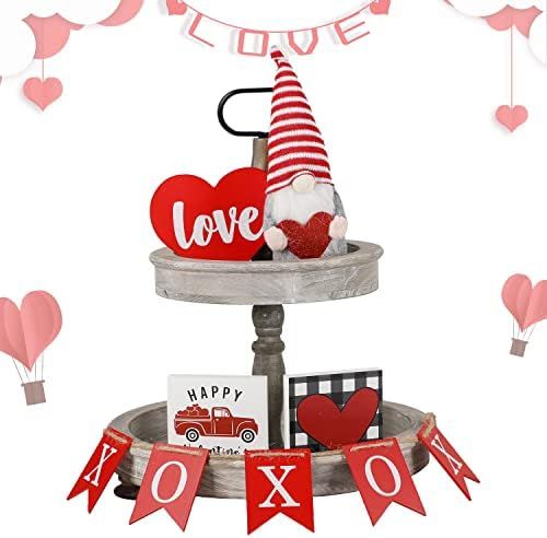 Valentine's Day Tiered Tray Décor Set of 5, Gnome Plush, Wooden Heart Wood Sign XOXOX Ornament, ... | Amazon (US)