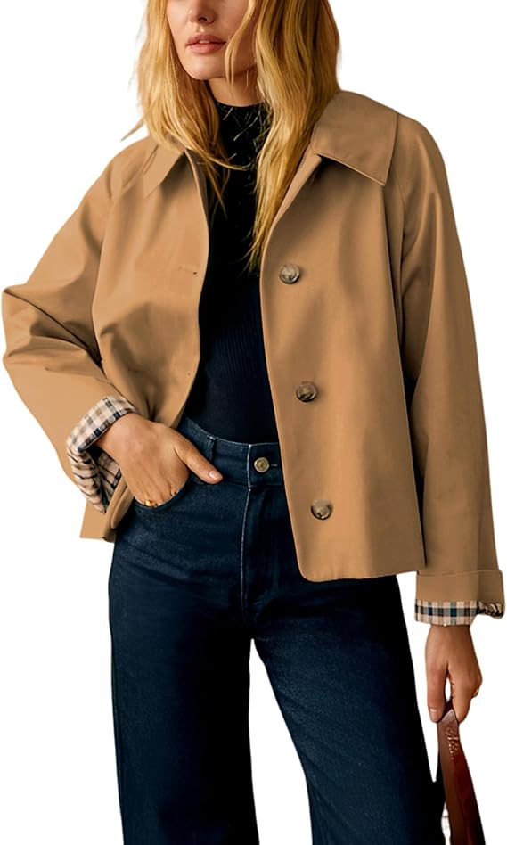 Yeokou Women Oversize Trench Coat Plaid Lining Lapel Button Down Casual Crop Jacket Outwear with ... | Amazon (US)
