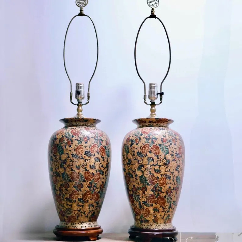 Vintage Asian Porcelain Vase Table Lamps - Pair of Large Floral Chinoiserie Ginger Jar Lamps on W... | Etsy (Global)