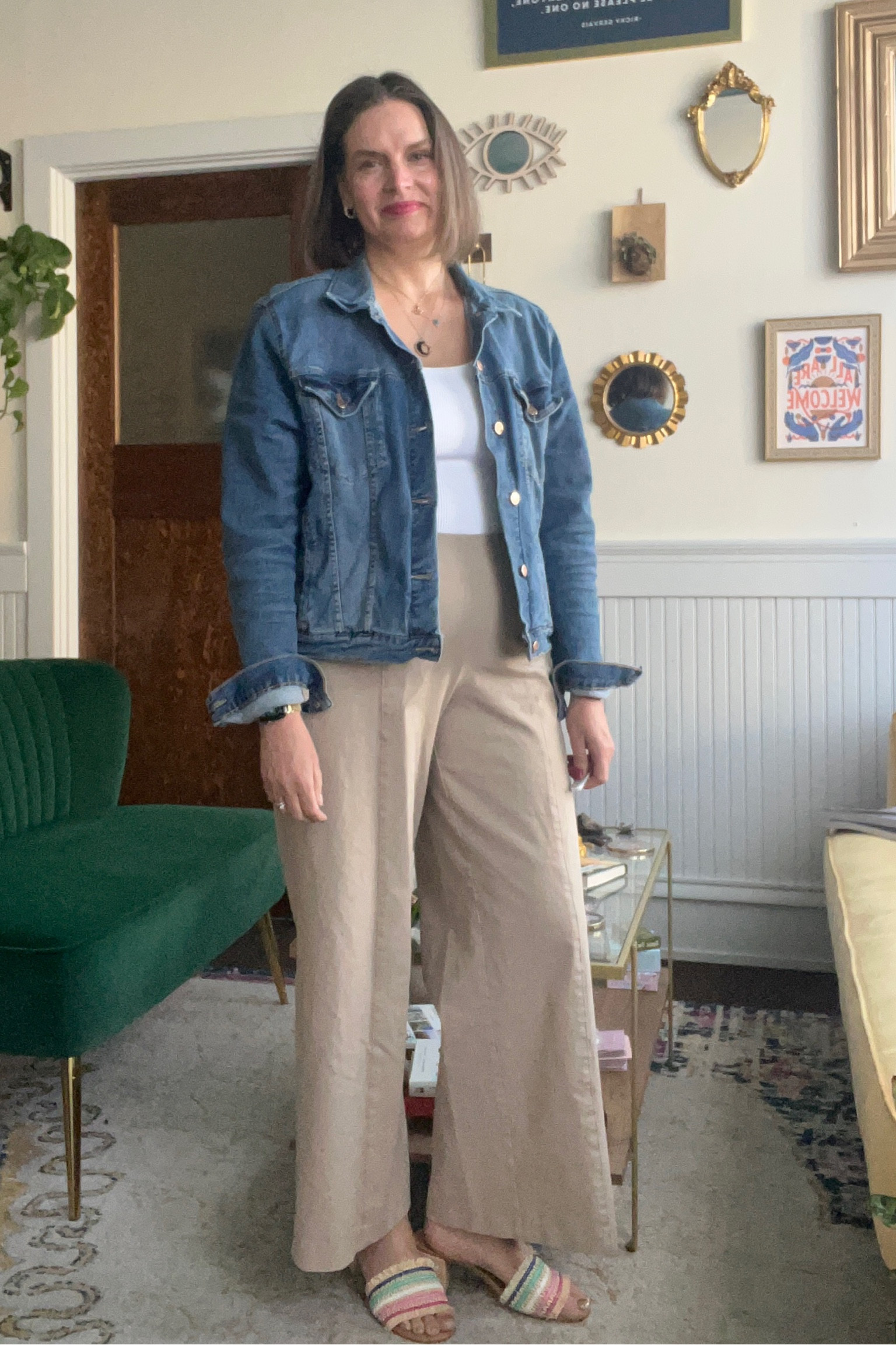 Spring Outfit code: white top + khaki pants + denim jacket + sandals 

#LTKMidsize #LTKOver40 #LTKSeasonal
